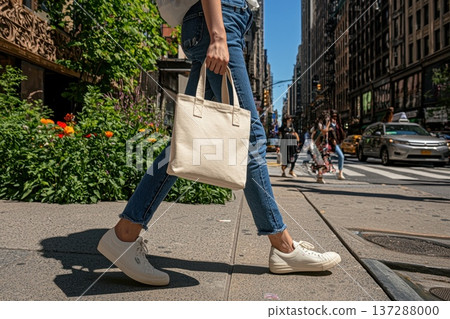 Photorealistic Image of an Unbranded White Tote Bag on City Street Photorealistic Image of an Unbranded White Tote Bag on City Street 137288000