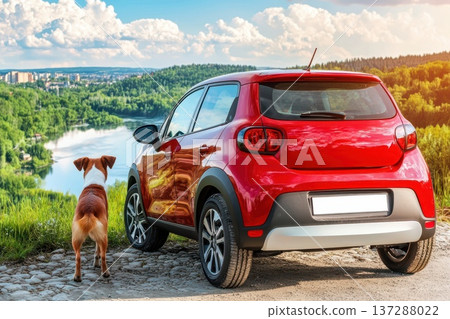 Scenic Overlook Moment with Dog and Car by Calm River in Nature's Embrace 137288022