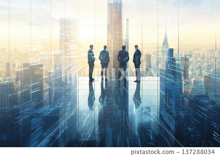 Modern Futuristic Office with Sleek Furniture and City View at Sunrise 137288034