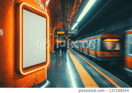 Blank Vertical Poster Mockup with Glowing Neon Elements in Subway Station Setting 137288054