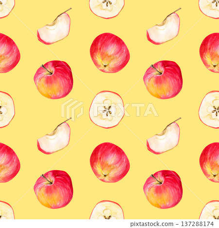 watercolor seamless pattern of a juicy red apples, apple slice and apple slice skin on yellow background watercolor seamless pattern of a juicy red apples, apple slice and apple slice skin on yellow background 137288174