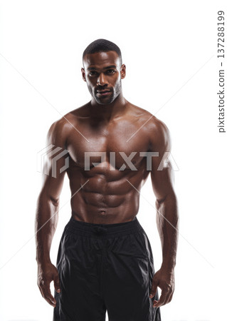 athletic man front view showing sculpted abs on pure white background, relaxed arms at sides, soft 137288199