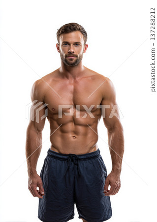 fit man front view with sculpted abs on pure white background, casual gym shorts, soft diffused 137288212