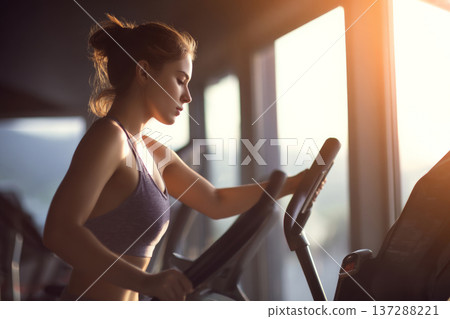 teenage girl on elliptical trainer, energetic motion, modern bright gym, casual sportswear, natural 137288221