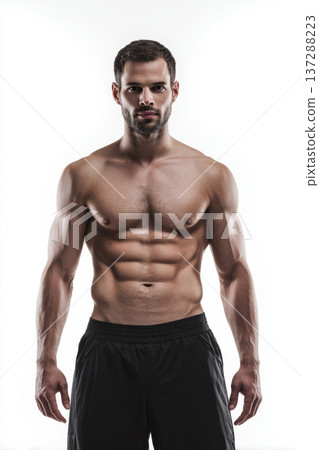 fit man front view showing strong abs against seamless white backdrop, neutral expression, studio 137288223