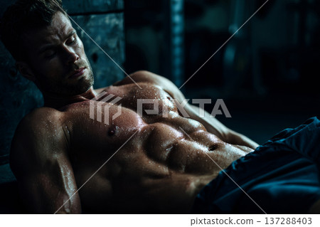 muscular man with defined abs resting after intense workout, sweat visible, motivational fitness 137288403