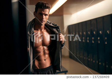 athletic man with defined abs holding sports jacket over shoulder in locker room, clean bright 137288409