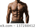 fit male torso with defined abs, frontal view, clean white studio background, balanced soft 137288412