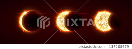 Solar eclipse phases, moon covering sun, sunlight in space, intense fiery corona glow graphic for astronomy lesson, space news, science explainer. Vector illustration. 137288479