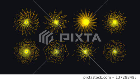 Abstract radial yellow logo set, linear sun icons like atomic explosion, nuclear reactor, energy blast for science, renewable energy, solar power, atomic research, AI tech design. Vector illustration Abstract radial yellow logo set, linear sun icons like atomic explosion, nuclear reactor, energy blast for science, renewable energy, solar power, atomic research, AI tech design. Vector illustration 137288485