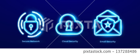 Secure Network Cyber Shield Perimeter Guard Threat Monitoring Icons Set. Cloud Protection Data Privacy Encryption Neon Logo. Email Security Inbox Safety Anti Phishing Spam Filter Vector Illustration Secure Network Cyber Shield Perimeter Guard Threat Monitoring Icons Set. Cloud Protection Data Privacy Encryption Neon Logo. Email Security Inbox Safety Anti Phishing Spam Filter Vector Illustration 137288486