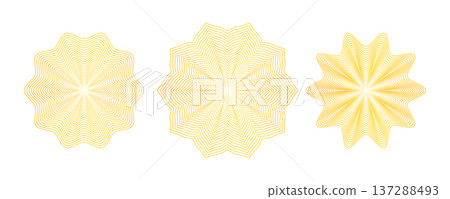 Guilloche golden seal for certificate, diploma. Abstract linear star shape badge mark. Radiant wavy starburst stamp set. Vector illustration. Guilloche golden seal for certificate, diploma. Abstract linear star shape badge mark. Radiant wavy starburst stamp set. Vector illustration. 137288493