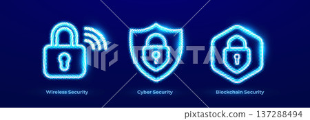 Wireless Security Network WiFi Protection Access Lock Icons Set. Cyber Security Digital Shield Data Protection Neon Logo. Blockchain Security Crypto Network Token Privacy Signs. Vector Illustration Wireless Security Network WiFi Protection Access Lock Icons Set. Cyber Security Digital Shield Data Protection Neon Logo. Blockchain Security Crypto Network Token Privacy Signs. Vector Illustration 137288494