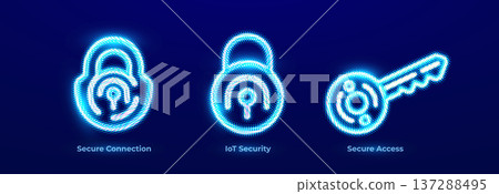 Secure Connection Network Protection Wireless Authentication Icon Set. IoT Security Smart Device Encryption Firewall Neon Logo. Secure Access Identity Verification Key Management. Vector Illustration Secure Connection Network Protection Wireless Authentication Icon Set. IoT Security Smart Device Encryption Firewall Neon Logo. Secure Access Identity Verification Key Management. Vector Illustration 137288495
