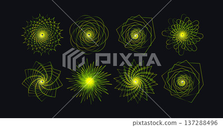 Abstract creative spiral wheels, hypnotic fractal funnels, linear fan shape set for digital art, music festival, eye-catching advertising object, sci-fi tech, spa spiritual logo. Vector illustration Abstract creative spiral wheels, hypnotic fractal funnels, linear fan shape set for digital art, music festival, eye-catching advertising object, sci-fi tech, spa spiritual logo. Vector illustration 137288496