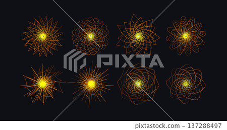 Abstract spirograph guilloche rosettes, spiral orange flowers abstract linear round logo. Modern line logo for spa, hotel, fashion, yoga, tech, science and other branding. Vector illustration Abstract spirograph guilloche rosettes, spiral orange flowers abstract linear round logo. Modern line logo for spa, hotel, fashion, yoga, tech, science and other branding. Vector illustration 137288497