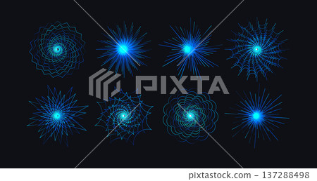 Cyber mandala icon set, blue digital fractal chakra, funnel light. Radial tunnel portal vortex effect. Futuristic tech circular sighs for firework, party, UI, logo, accent design. Vector illustration Cyber mandala icon set, blue digital fractal chakra, funnel light. Radial tunnel portal vortex effect. Futuristic tech circular sighs for firework, party, UI, logo, accent design. Vector illustration 137288498