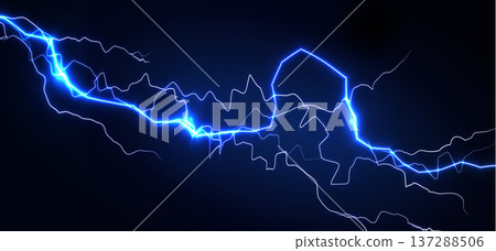 Blue lightning bolt streaks diagonally across dark background, glowing electric arc. High-energy tech banner for gaming, web header, poster, wallpaper, presentations. Vector illustration Blue lightning bolt streaks diagonally across dark background, glowing electric arc. High-energy tech banner for gaming, web header, poster, wallpaper, presentations. Vector illustration 137288506