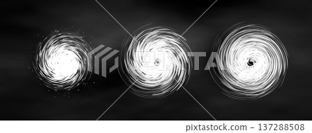 Vortex spiral swirl set, hurricane typhoon storm icons. Abstract circular energy motion. Space galaxy black hole concept. Weather news graphic design. Vector illustration. 137288508