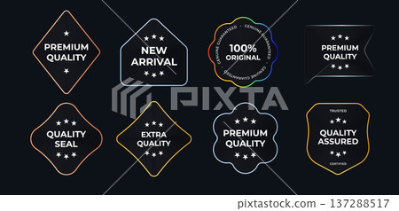 Premium Quality And Certified Labels Set With Neon Outlined Badges For New Arrival, Original, Limited Edition, Quality Assurance Products For Branding, Packaging, And Promotion. Vector Illustration Premium Quality And Certified Labels Set With Neon Outlined Badges For New Arrival, Original, Limited Edition, Quality Assurance Products For Branding, Packaging, And Promotion. Vector Illustration 137288517