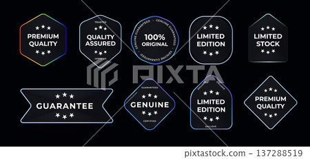 Premium Quality And Guarantee Badges Collection With Modern Neon Outlined Labels For Limited Edition, Genuine, And Certified Products. Black Friday Cyber Monday Marketing Design. Vector Illustration 137288519