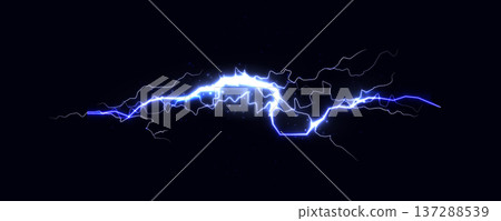 Blue realistic lightning arc splits darkness, thunderbolt high voltage pulse, tense energy in neon glow for electricity, power energy, storm, renewable technology, battery tech, EV. Vector graphic Blue realistic lightning arc splits darkness, thunderbolt high voltage pulse, tense energy in neon glow for electricity, power energy, storm, renewable technology, battery tech, EV. Vector graphic 137288539