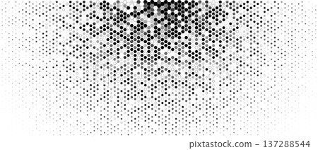 Hexagon halftone drips downward, calm mood. Cells fade, density drop top bottom. Topics technology, data. Use background, banner, website, slide, print. Minimal monochrome. Vector illustration 137288544