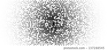 Halftone hexagon honeycomb radial burst, monochrome geometric dots. Modern tech background for landing hero, banner, cover, poster, UI, packaging, presentation, print templates. Vector illustration. 137288545