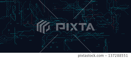 Digital Tech Grid With Blue and Red Lines. Futuristic circuit layout ideal for data, AI, and cybersecurity themes. Glowing dotted paths on dark background. Clean modern design. Vector illustration. Digital Tech Grid With Blue and Red Lines. Futuristic circuit layout ideal for data, AI, and cybersecurity themes. Glowing dotted paths on dark background. Clean modern design. Vector illustration. 137288551