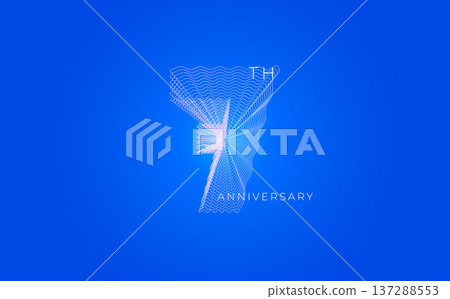 Anniversary Celebration Date Emblem Badge, Abstract 7 Logo Blue Background for Invitation Greeting Card, Corporate Jubilee Sign, Commemorate Occasion Symbol. Wavy Guilloche. Vector Illustration 137288553