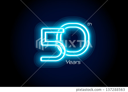 Blue neon number fifty years, 50th anniversary logo on black background. Shiny luminous jubilee sign for celebration emblem of cyber event party, digital startup, gambling icon. Vector illustration. Blue neon number fifty years, 50th anniversary logo on black background. Shiny luminous jubilee sign for celebration emblem of cyber event party, digital startup, gambling icon. Vector illustration. 137288563