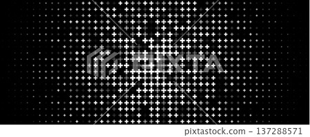 Plus halftone grid with radial glow, tech pulse vibe. Cross pixels create light center. Topics technology, data. Use background, banner, UI, presentation. Monochrome geometric. Vector illustration. Plus halftone grid with radial glow, tech pulse vibe. Cross pixels create light center. Topics technology, data. Use background, banner, UI, presentation. Monochrome geometric. Vector illustration. 137288571