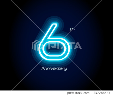 Blue neon number sixth years, 6th anniversary logo on black background. Shiny luminous jubilee sign for celebration emblem of cyber event party, digital startup, gambling icon. Vector illustration. 137288584
