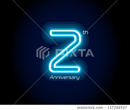 Blue neon number two years, 2 anniversary logo on black background. Shiny luminous jubilee sign for celebration emblem of cyber event party, digital startup, gambling icon. Vector illustration. Blue neon number two years, 2 anniversary logo on black background. Shiny luminous jubilee sign for celebration emblem of cyber event party, digital startup, gambling icon. Vector illustration. 137288587