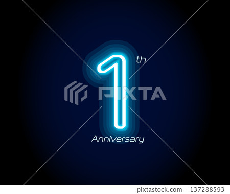 Blue neon number one year, 1 anniversary logo on black background. Shiny luminous jubilee sign for celebration emblem of cyber event party, digital startup, gambling icon. Vector illustration. Blue neon number one year, 1 anniversary logo on black background. Shiny luminous jubilee sign for celebration emblem of cyber event party, digital startup, gambling icon. Vector illustration. 137288593