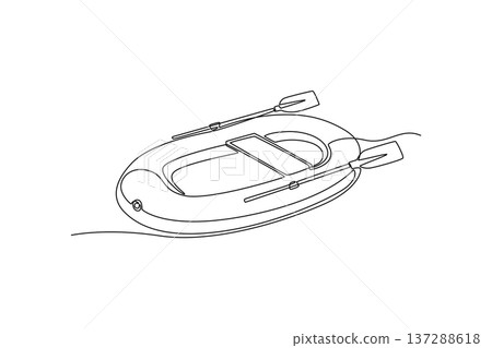 Continuous one line drawing inflatable rescue boat with oars floating on water or sea. Simple form and emergency equipment used for aquatic safety. Single line draw design vector graphic illustration 137288618