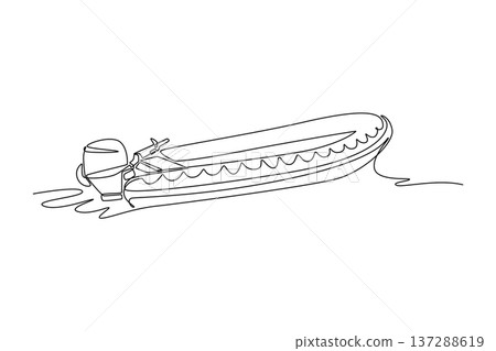 Continuous one line drawing specialized rescue boat with outboard motor speeding across water. Aerodynamic hull and ripples by the emergency vessel. Single line draw design vector graphic illustration Continuous one line drawing specialized rescue boat with outboard motor speeding across water. Aerodynamic hull and ripples by the emergency vessel. Single line draw design vector graphic illustration 137288619