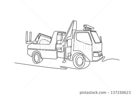 Single continuous line drawing tow truck or recovery vehicle. Crane mechanism, flatbed structure used for clearing roads, rescuing stranded vehicles. one line draw graphic design vector illustration 137288623