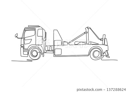 Single continuous line drawing professional heavy-duty tow truck viewed from the side. Commercial recovery vehicle used for towing and roadside rescue. One line draw graphic design vector illustration 137288624
