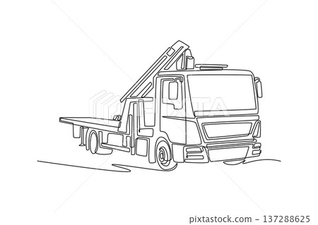 Single continuous line drawing flatbed recovery truck equipped with a large hydraulic lift. Heavy machinery used for automotive rescue and transport. One line draw graphic design vector illustration 137288625