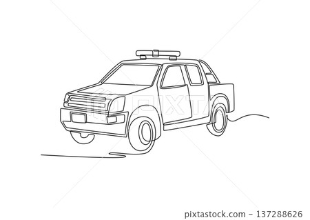 Single continuous line drawing security patrol pickup truck featuring a rooftop light bar. Emergency response vehicle, law enforcement, rapid response. One line draw graphic design vector illustration Single continuous line drawing security patrol pickup truck featuring a rooftop light bar. Emergency response vehicle, law enforcement, rapid response. One line draw graphic design vector illustration 137288626