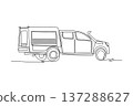 Single continuous line drawing specialized 4x4 service truck with a large canopy and snorkel, built for remote rescue. Sturdy profile off-road vehicle. One line draw graphic design vector illustration 137288627