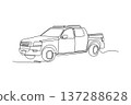 Single continuous line drawing rugged pickup truck used for rapid emergency response or fire patrol. Vehicles utility and off-road capability. Dynamic one line draw graphic design vector illustration 137288628