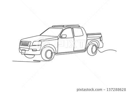 Single continuous line drawing rugged pickup truck used for rapid emergency response or fire patrol. Vehicles utility and off-road capability. Dynamic one line draw graphic design vector illustration Single continuous line drawing rugged pickup truck used for rapid emergency response or fire patrol. Vehicles utility and off-road capability. Dynamic one line draw graphic design vector illustration 137288628