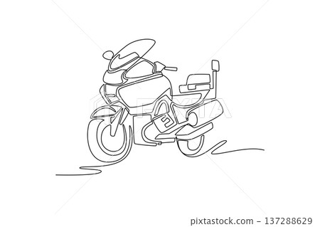 Single continuous line drawing professional paramedic motorcycle equipped with storage boxes and emergency lights. Speed and mobility of bike. Dynamic one line draw graphic design vector illustration Single continuous line drawing professional paramedic motorcycle equipped with storage boxes and emergency lights. Speed and mobility of bike. Dynamic one line draw graphic design vector illustration 137288629