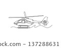 Single one line drawing rescue helicopter in flight profile. Sleek aerodynamic shape emergency aircraft. Ideal for rapid response and transport. Continuous line draw design graphic vector illustration 137288631