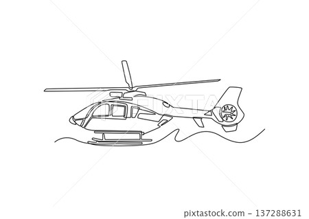 Single one line drawing rescue helicopter in flight profile. Sleek aerodynamic shape emergency aircraft. Ideal for rapid response and transport. Continuous line draw design graphic vector illustration 137288631
