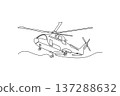 Single one line drawing rescue helicopter hovering mid-air. Emergency chopper for winch rescues and mountain or sea emergency services. Modern continuous line draw design graphic vector illustration 137288632