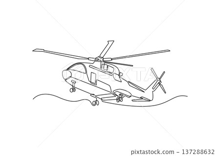 Single one line drawing rescue helicopter hovering mid-air. Emergency chopper for winch rescues and mountain or sea emergency services. Modern continuous line draw design graphic vector illustration 137288632