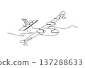 Single one line drawing specialized seaplane or amphibious aircraft, capable landing on water for remote rescue operation. Wing-mounted engines. continuous line draw design graphic vector illustration 137288633